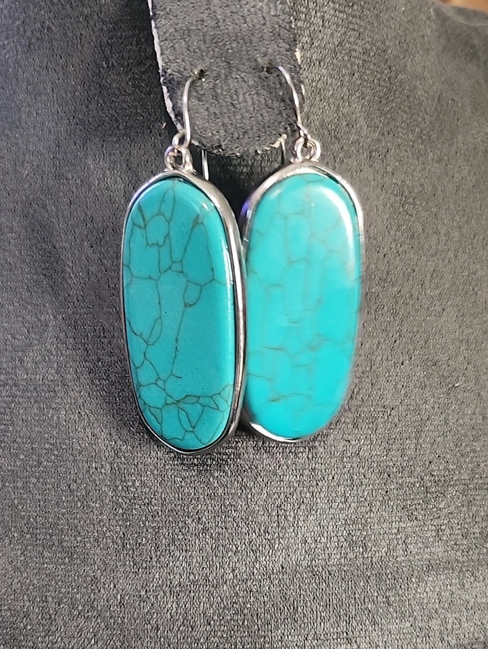 Turquoise Looking Oval Drop Earrings - Blue Stone Hook Earrings